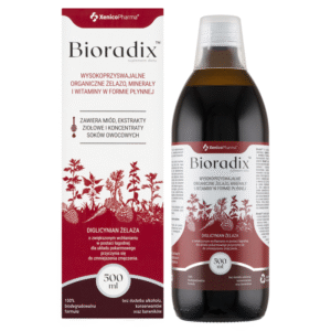 BIORADIX 500ML ORGANICZNE ŻELAZO MINERAŁY I WITAMINY W PŁYNIE XENICO PHARMA DIGLICYNIAN ŻELAZA CZARNA MARCHEW LIŚĆ POKRZYWY